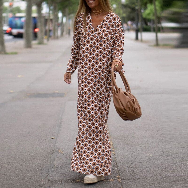 Women’s Maxi Dress – Flowing Fit – V-Neck – Long Sleeve – Breathable Blend – Side Slits