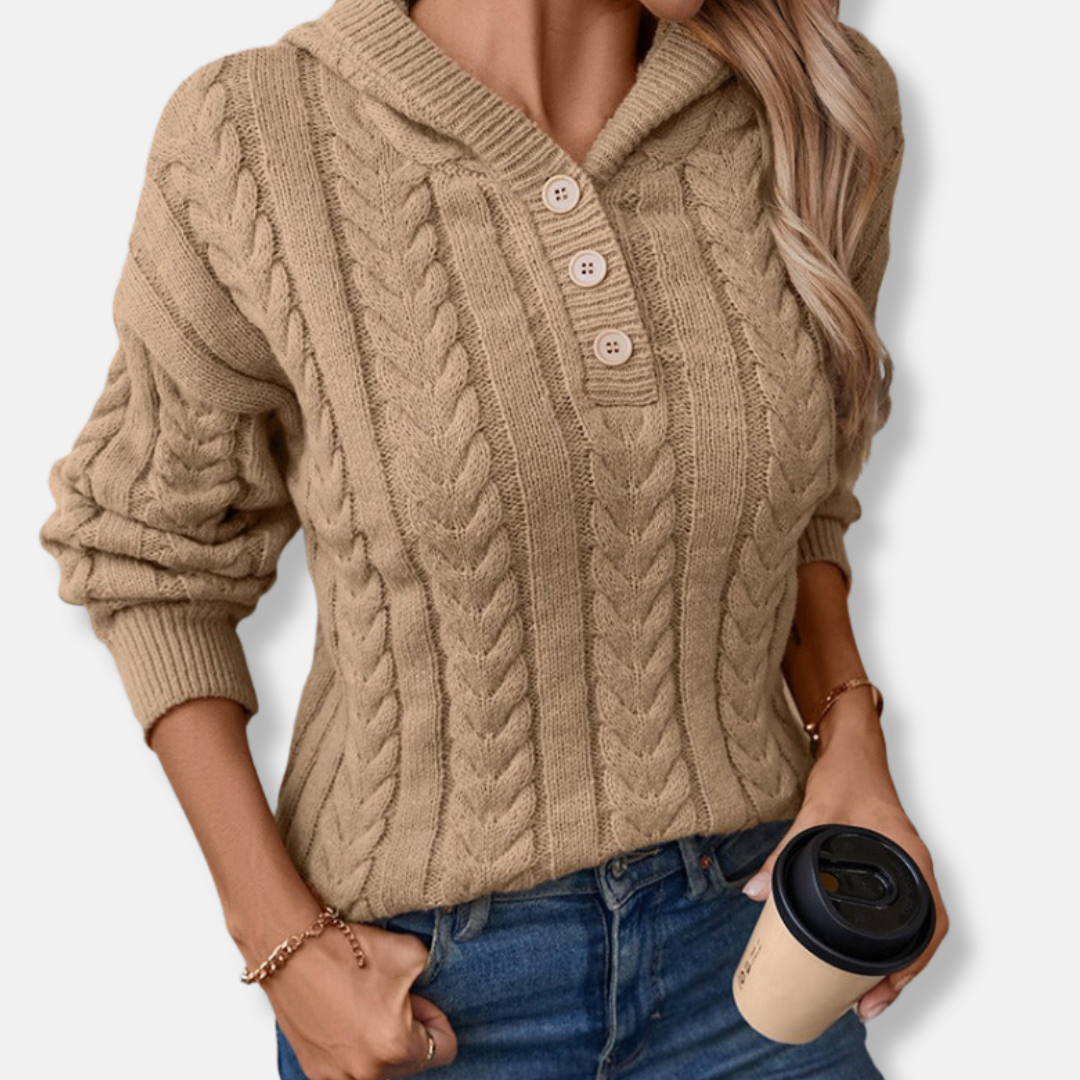 Isla Relaxed Fit Hooded Sweater | Cable Knit Button Placket Sweater