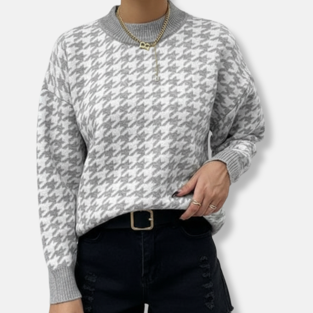 Isla Relaxed Fit Pullover Sweater | Houndstooth Ribbed Trim Sweater