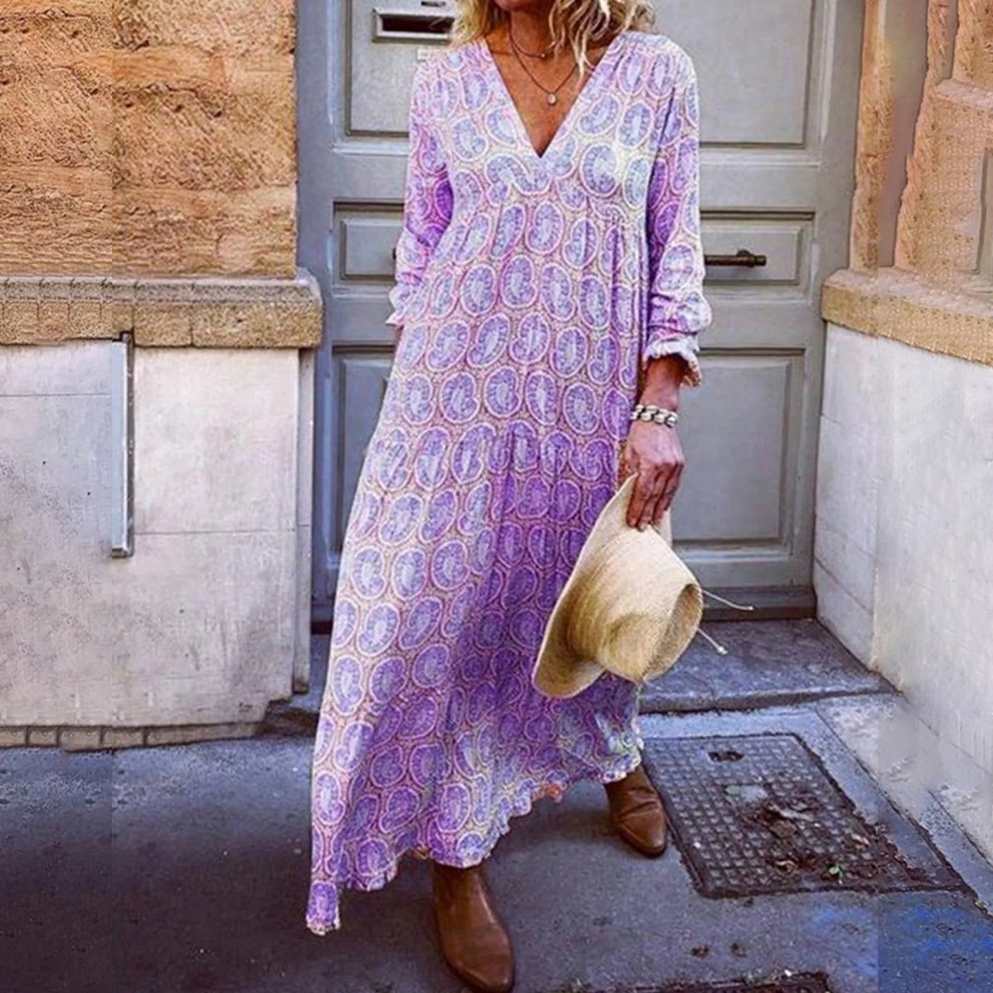 Women’s Maxi Dress – Relaxed Fit – V-Neck – Long Sleeve – Geometric Print – Breathable Blend