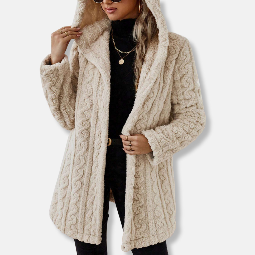 Isabella Fleece Cable Knit Cardigan Jacket | Relaxed Fit Thigh Length Cardigan Jacket