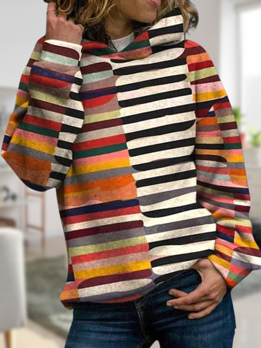 Women's Hooded Sweatshirt - Multicolor Striped - Relaxed Fit - Long Sleeve Casual Wear