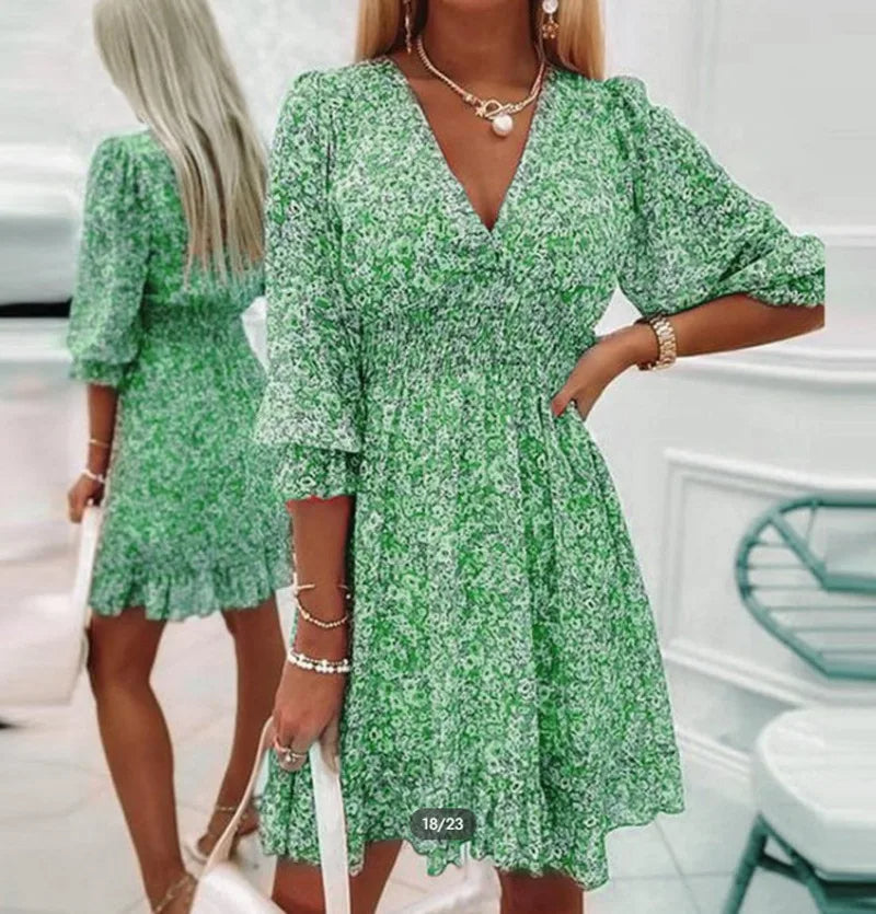 Women’s Mini Dress – Relaxed Fit – Smocked Waist – V-Neck – Breathable Blend – Ruffle Hem