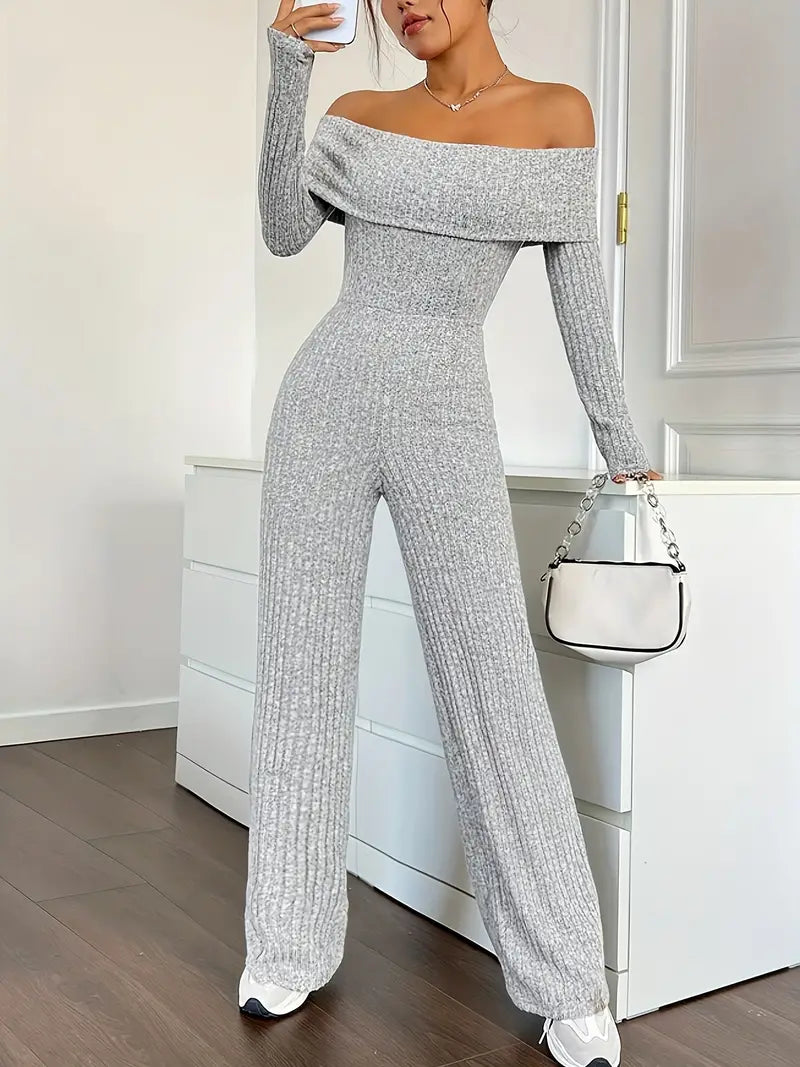 Ribbed Knit Off-Shoulder Wide-Leg Jumpsuit
