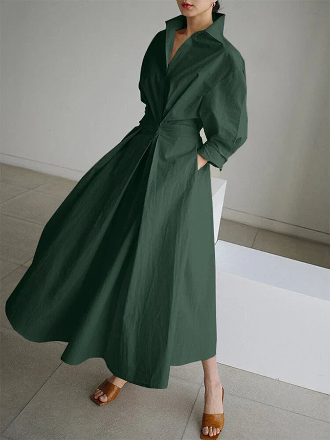 Women's Wrap Dress - Belted Waist - Long Sleeve V-Neck - Flowy Midi Length