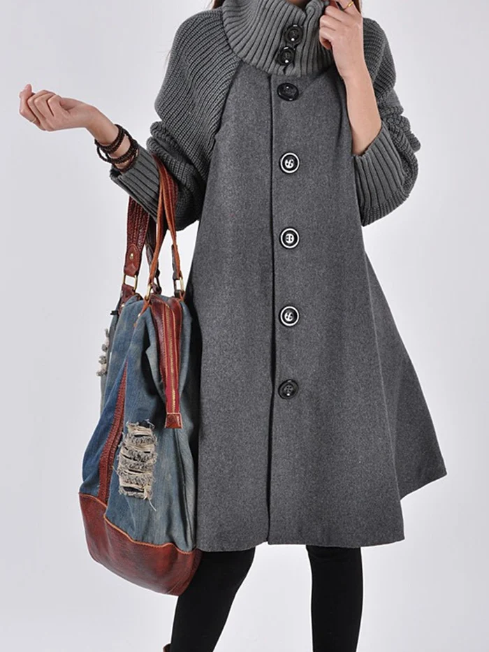 Women's mid-length high-neck button-down loose trench coat