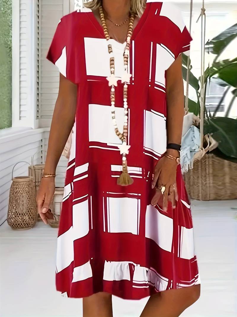 Women's Midi Dress - Loose Fit - V-Neck Short Sleeve - Geometric Pattern - Ruffle Hem
