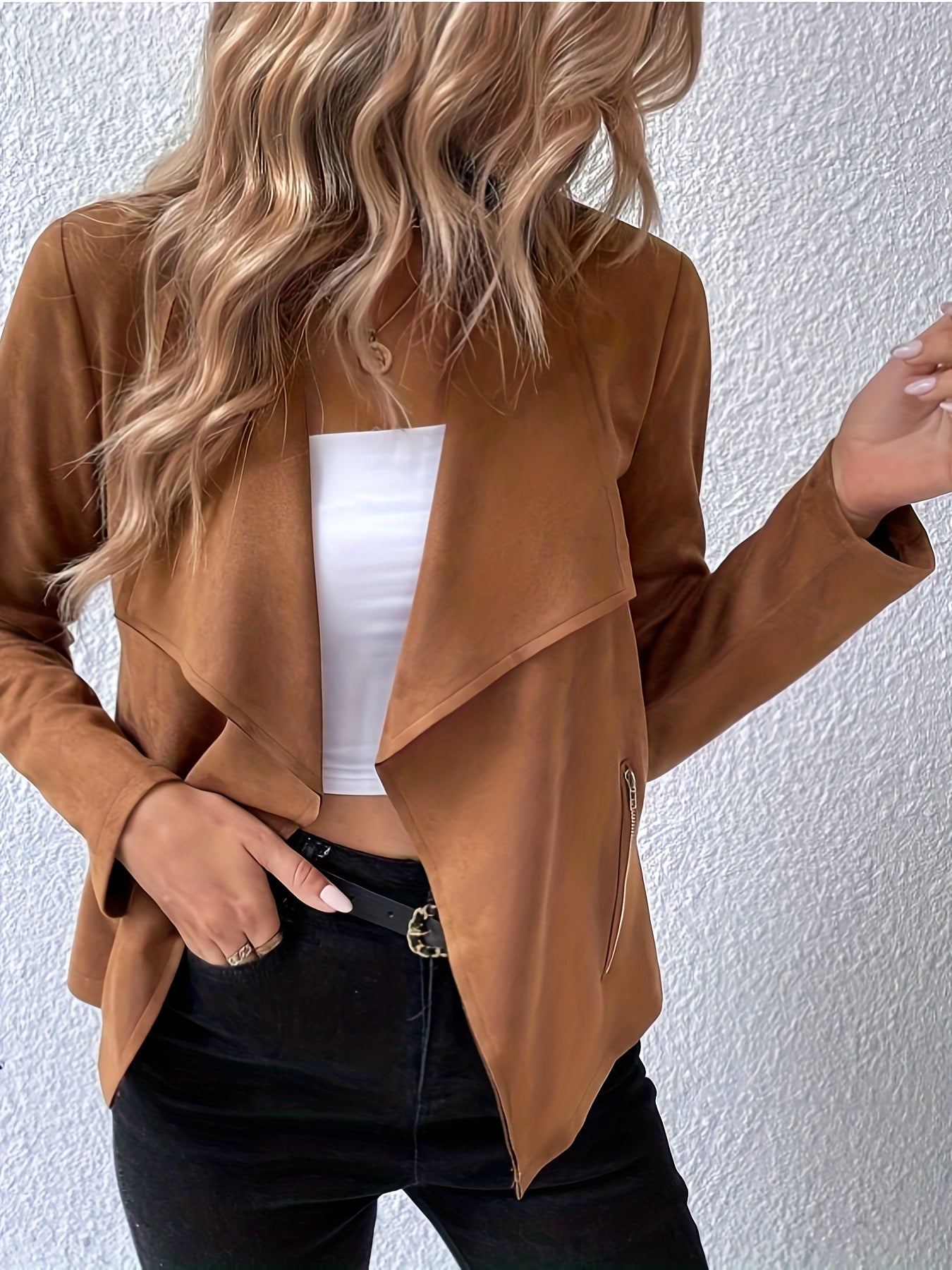 Women's jacket with waterfall collar and zip front pocket
