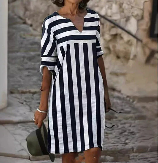 Striped Relaxed Fit V-Neck Midi Dress