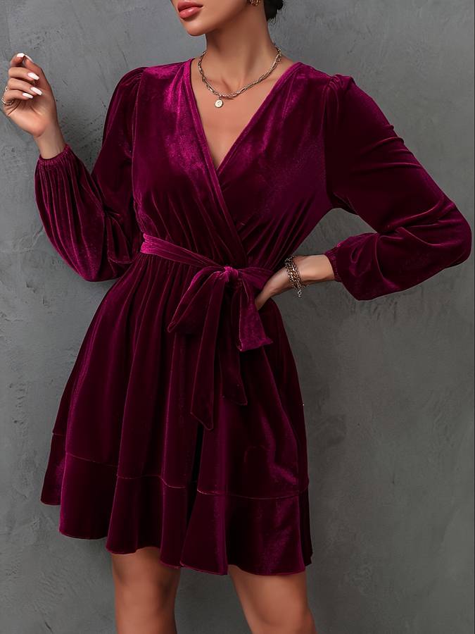 Women's Velvet Wrap Dress - Long Sleeve - V-Neck - Belted Waist - Mini Length Elegant Wear