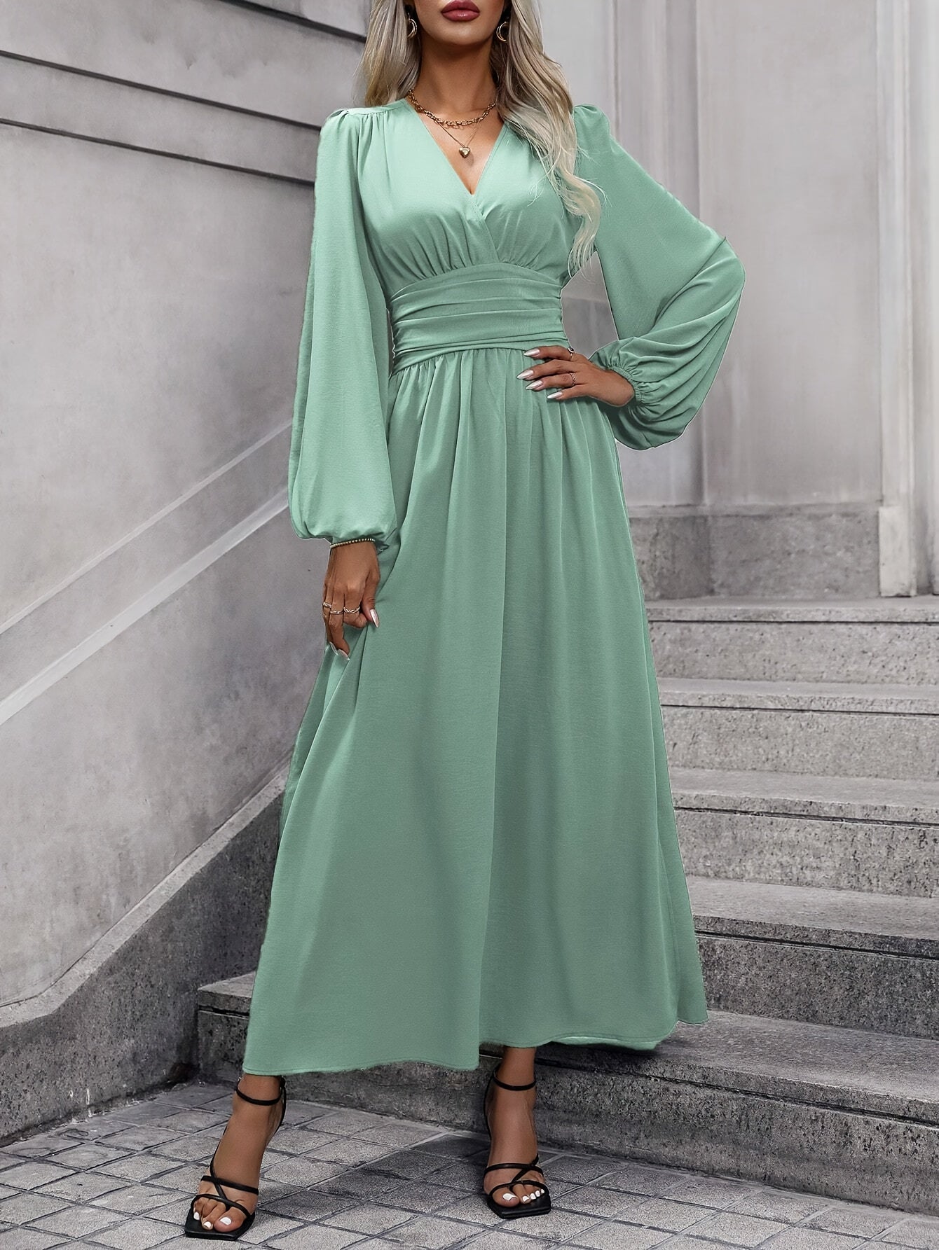 Elegant V-Neck Lantern Sleeve Maxi Dress