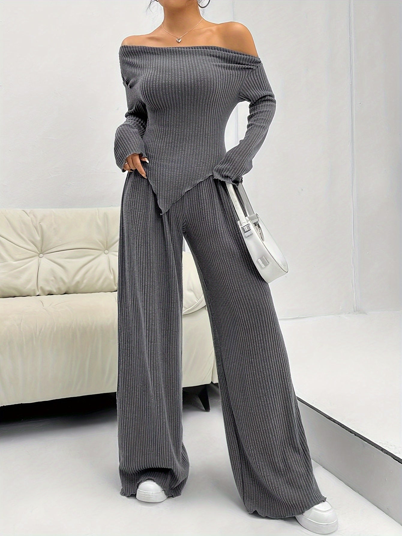 Two-piece off-shoulder ribbed top and wide-leg pants set for women