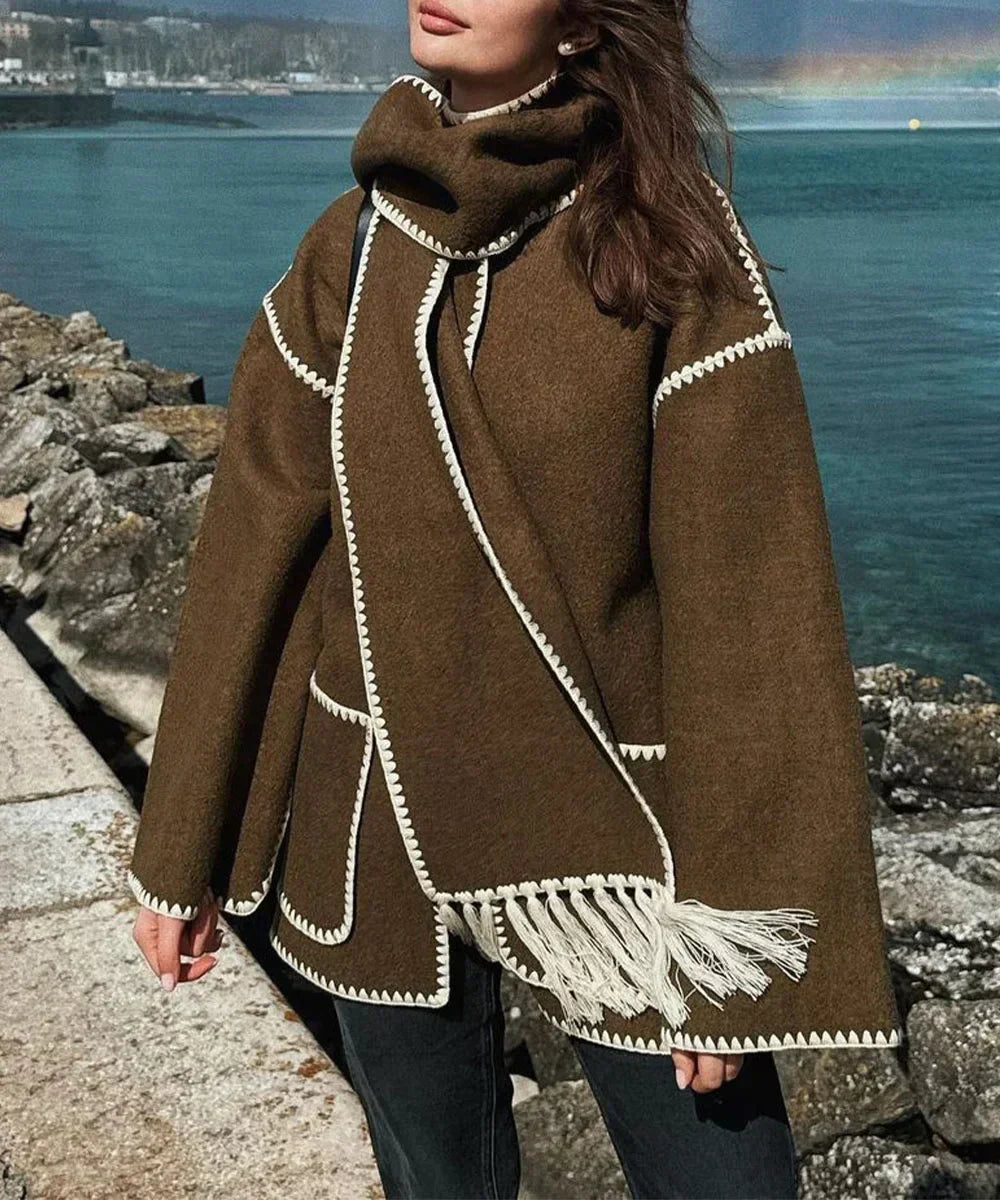 Women's coat with tassel scarf loose fit