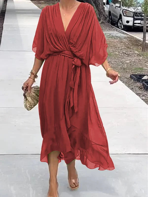 Women's Maxi Dress - Flowing Relaxed Fit - Kimono Sleeves - Adjustable Waist Tie