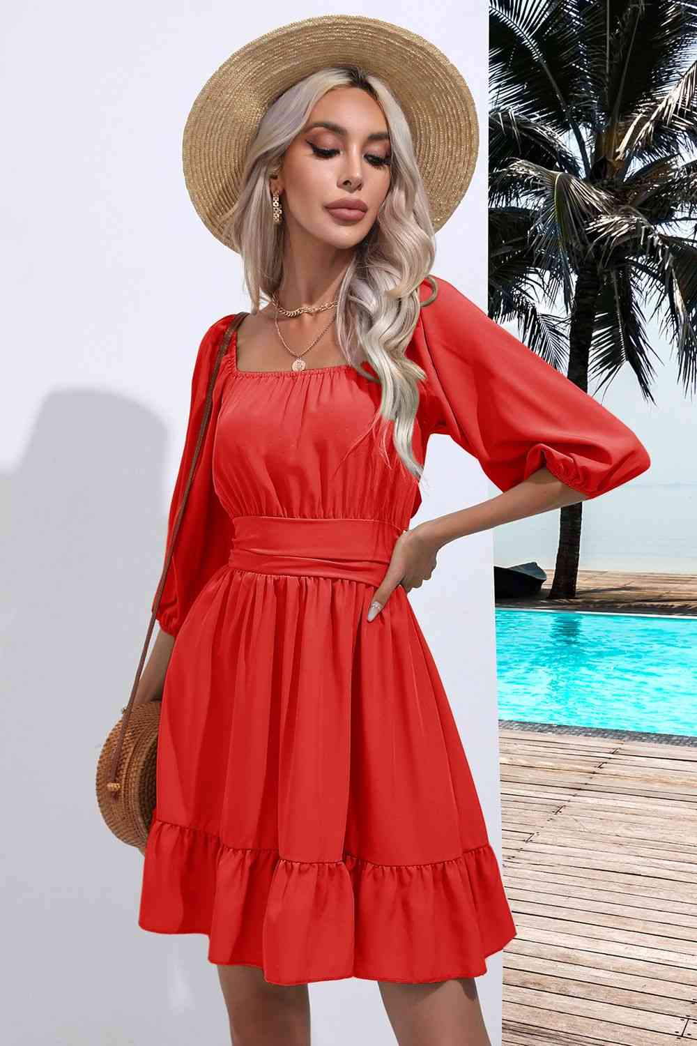 Women's A-Line Dress - Square Neck - 3/4 Sleeve - Ruched Bodice - Tiered Hem