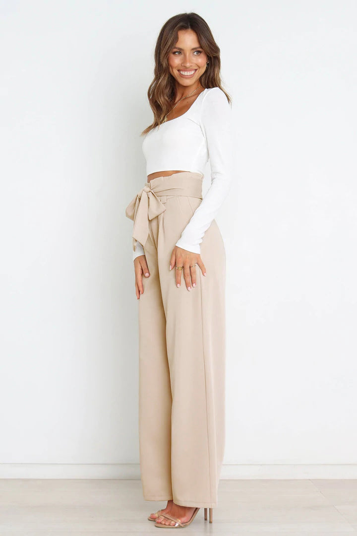 Women’s Wide-Leg Trousers – High Waist – Tailored Fit – Bow Waist Detail – Flowy Fabric