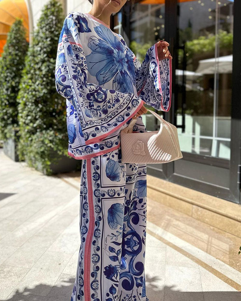 Women's blue and white porcelain print casual two-piece set