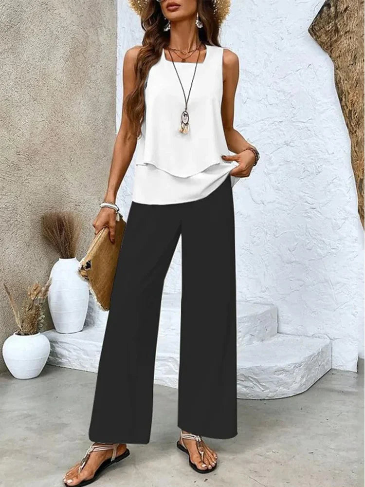 Women’s Two-Piece Set – Sleeveless Top and Wide-Leg Pants – Relaxed Fit – Breathable Blend