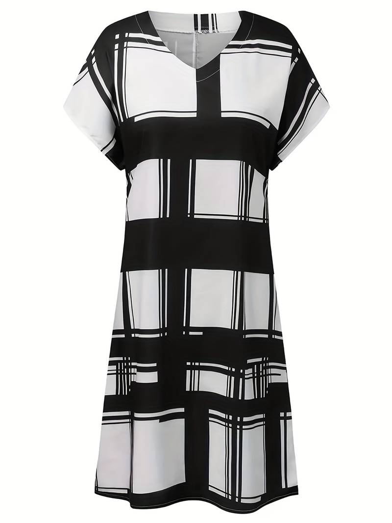 Women's Midi Dress - Loose Fit - V-Neck Short Sleeve - Geometric Pattern - Ruffle Hem