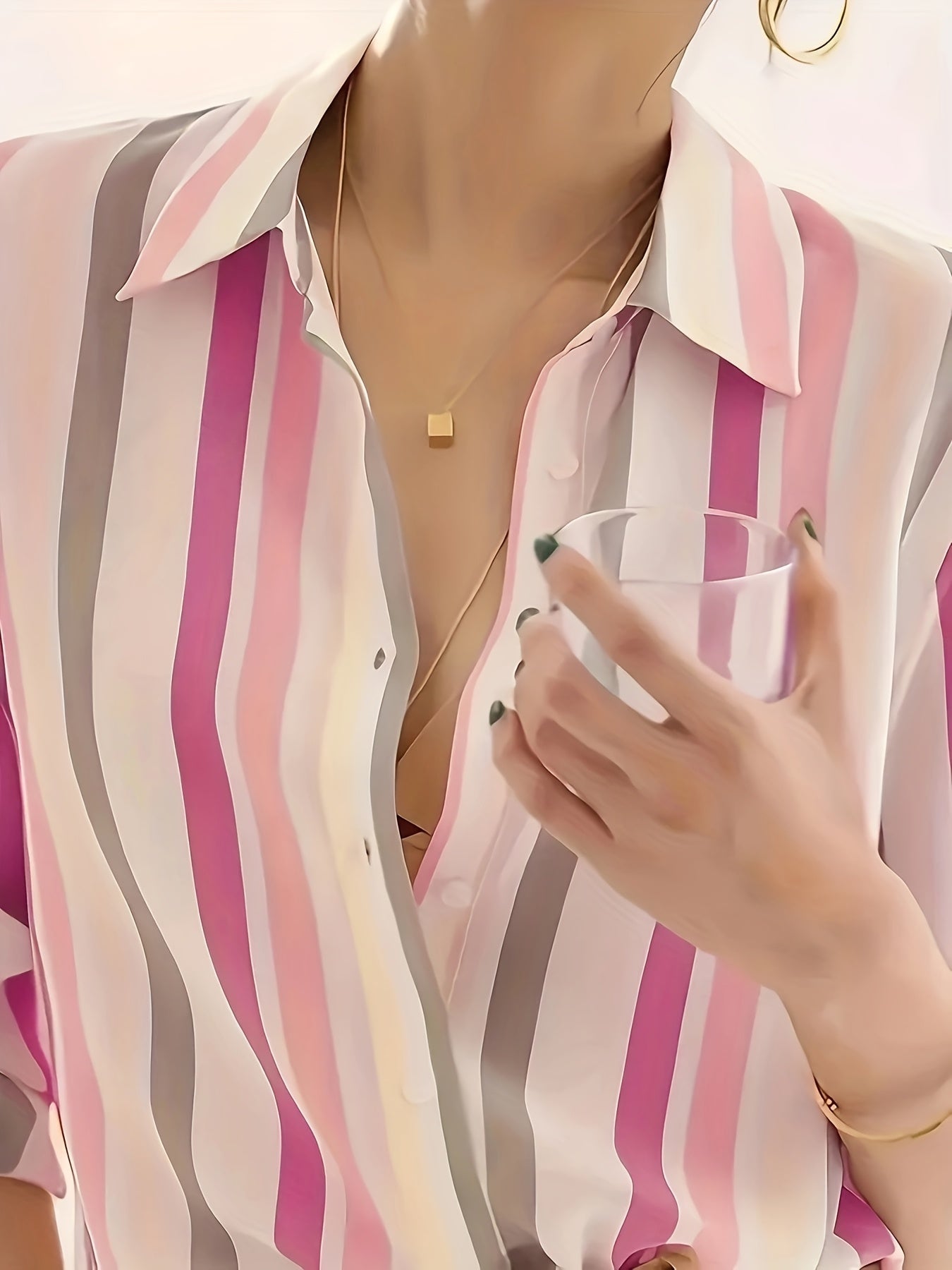 Women's Button-Down Blouse - Classic Collar - Vertical Striped - Long Sleeve