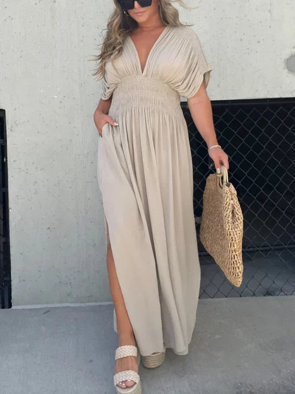 Women's Maxi Dress - V-Neck Short Sleeve - Flowing Fit with Side Slit