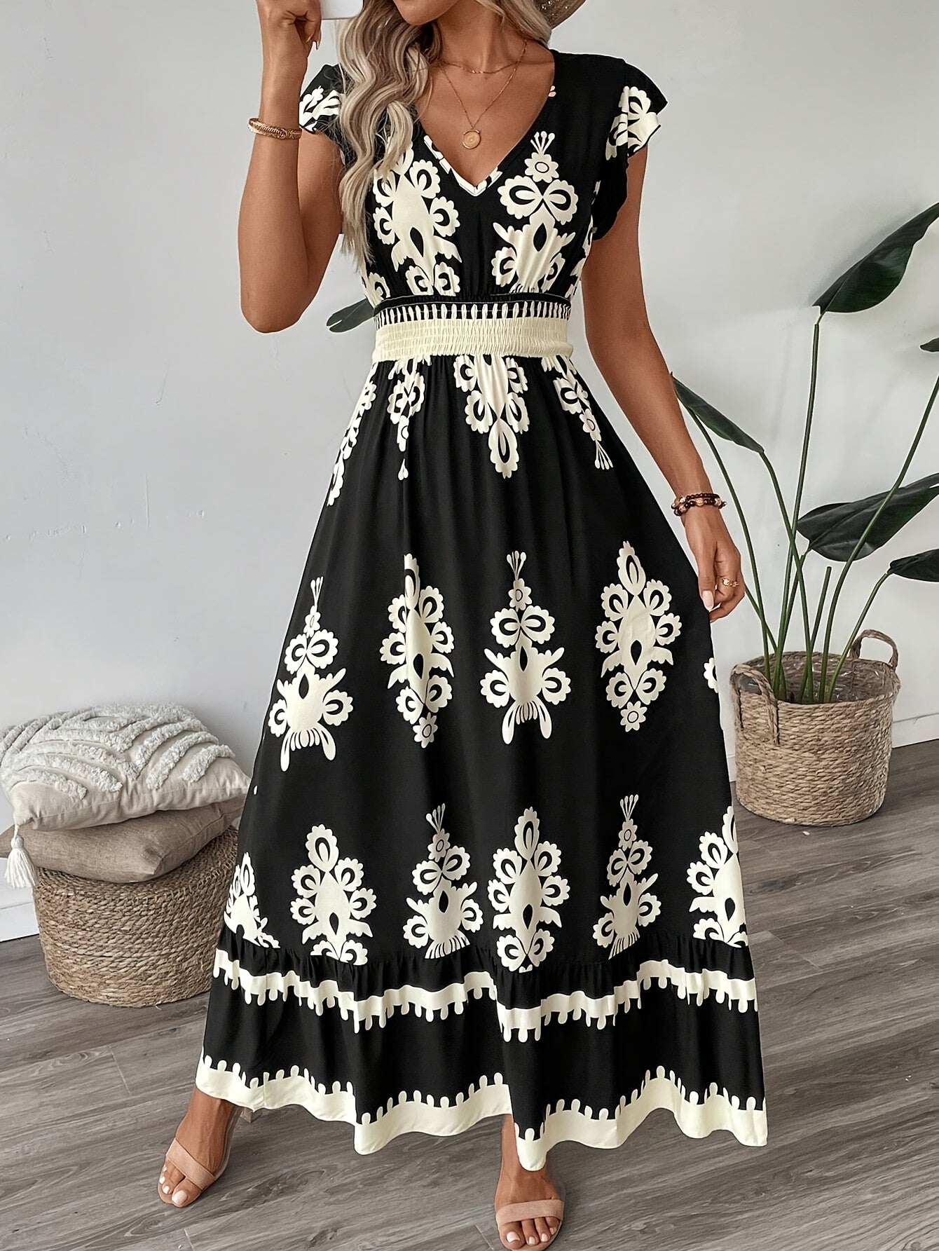 Women's Maxi Dress - V-Neck - Cap Sleeve - Smocked Waist - Flowy Elegant Fit
