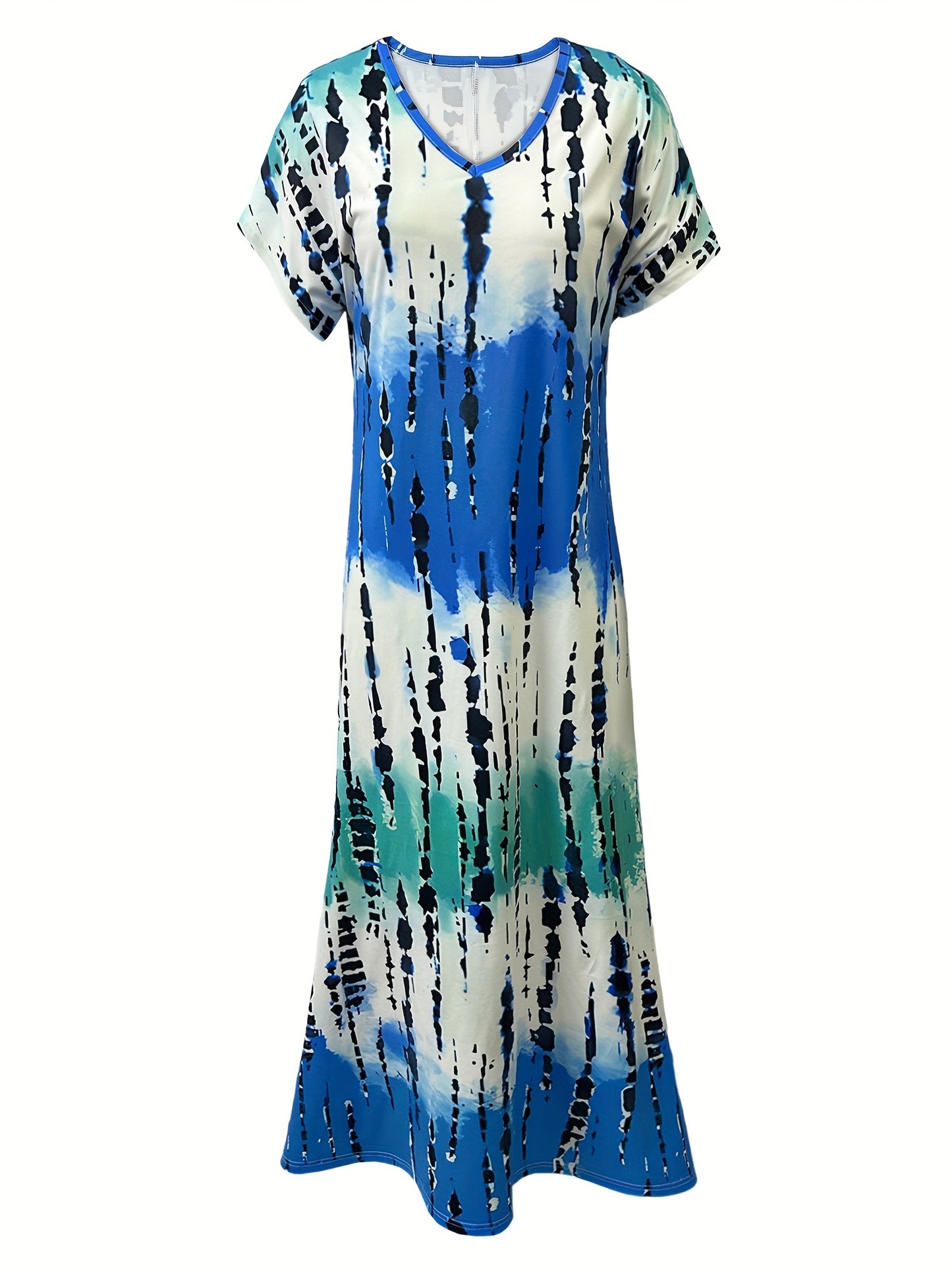 Women's Maxi Dress - Tie-Dye Print - V-Neck - Short Sleeve - Flowy with Side Slits