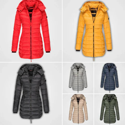 Amelia Long Puffer Jacket | Quilted Hooded Mid-Thigh Jacket