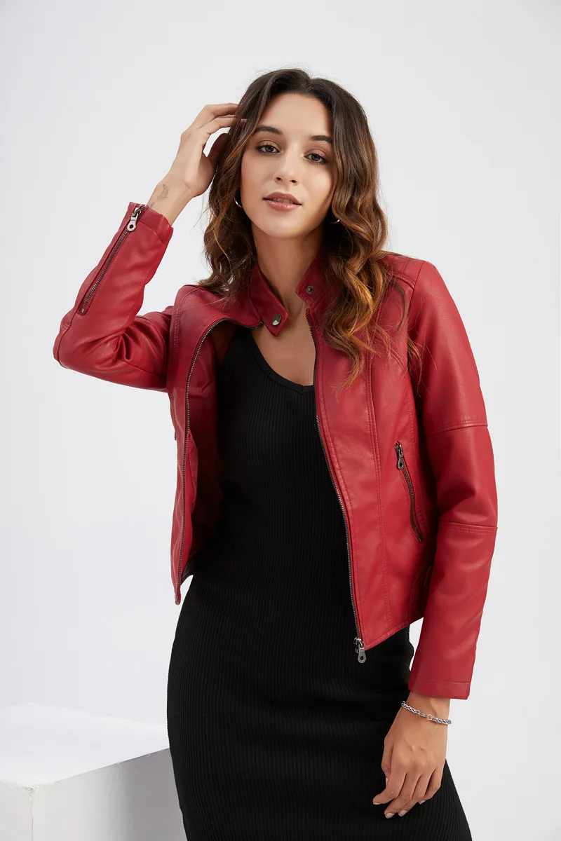 Women's leather jacket with stand collar and zipper