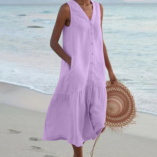 Women's Midi Dress - Sleeveless V-Neck - Button-Down with Pockets - Relaxed Fit