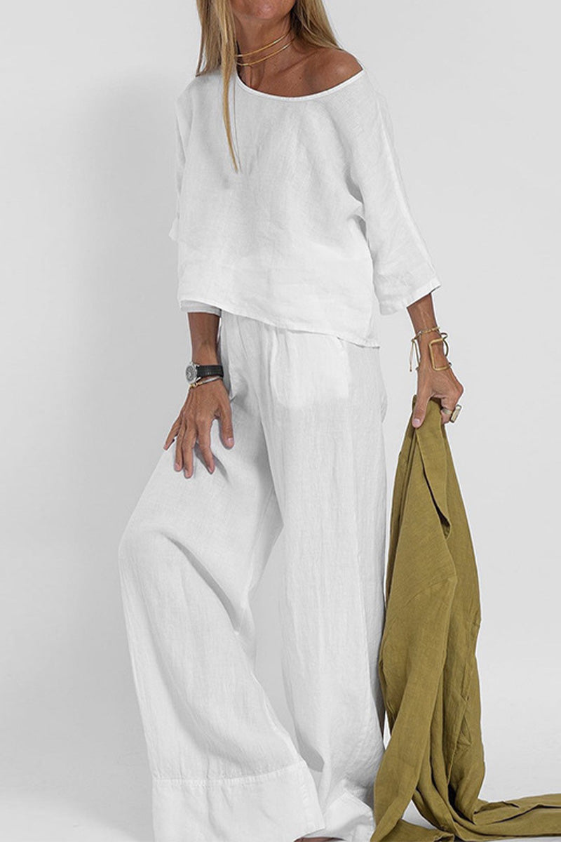 Women's casual loose solid color short-sleeve top and wide-leg pants set