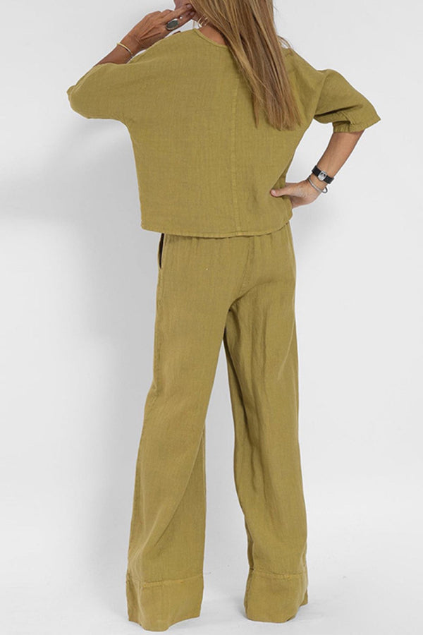 Women's casual loose solid color short-sleeve top and wide-leg pants set