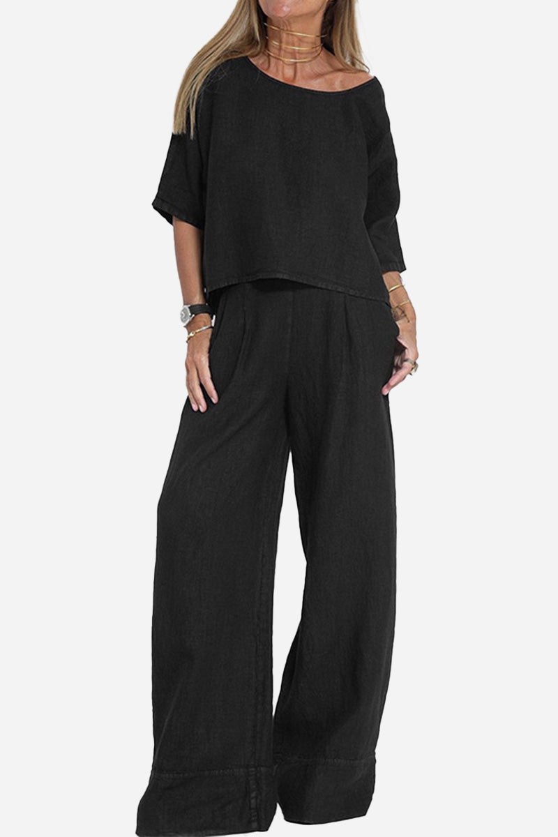 Women's casual loose solid color short-sleeve top and wide-leg pants set