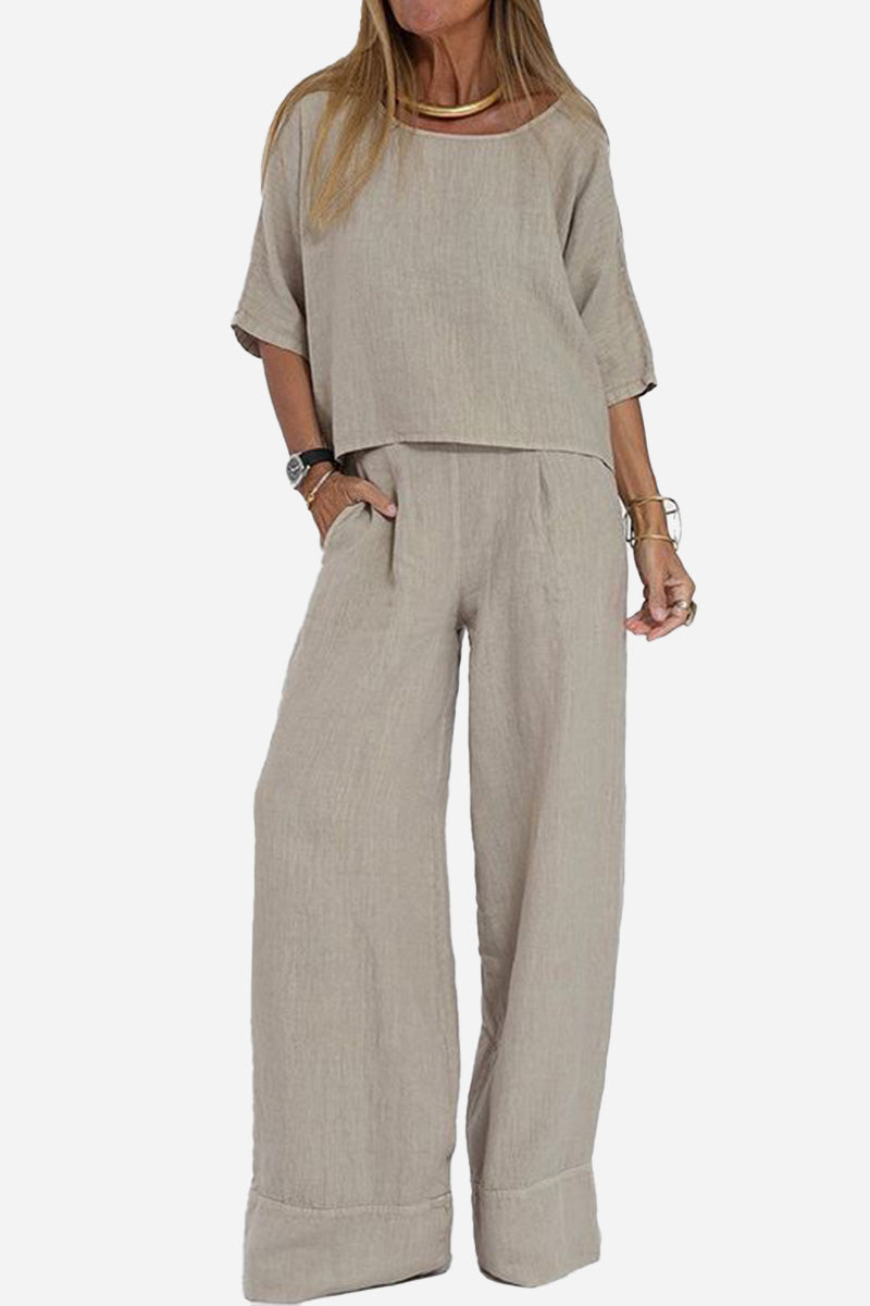 Women's casual loose solid color short-sleeve top and wide-leg pants set