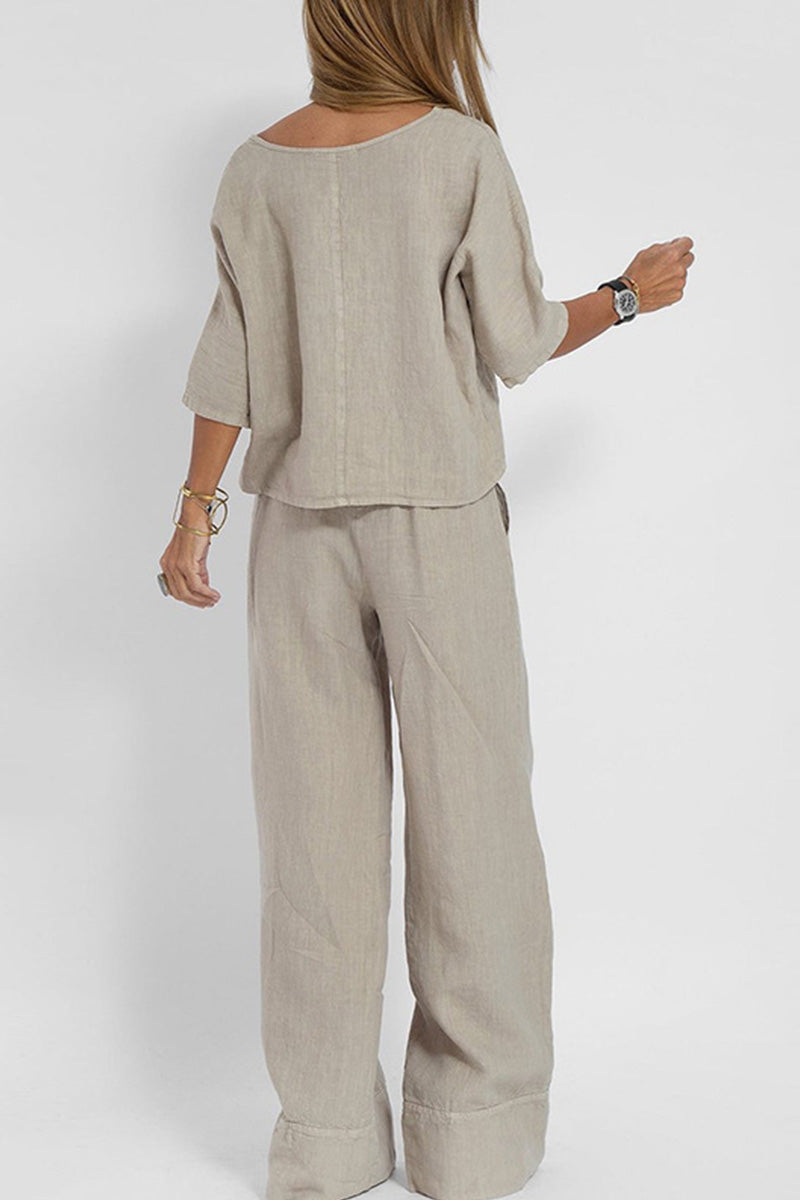 Women's casual loose solid color short-sleeve top and wide-leg pants set