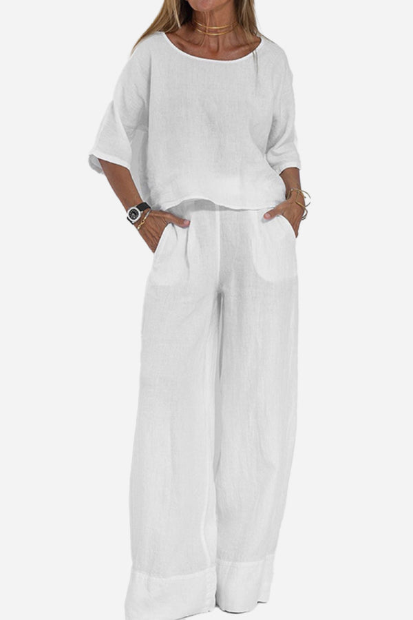 Women's casual loose solid color short-sleeve top and wide-leg pants set