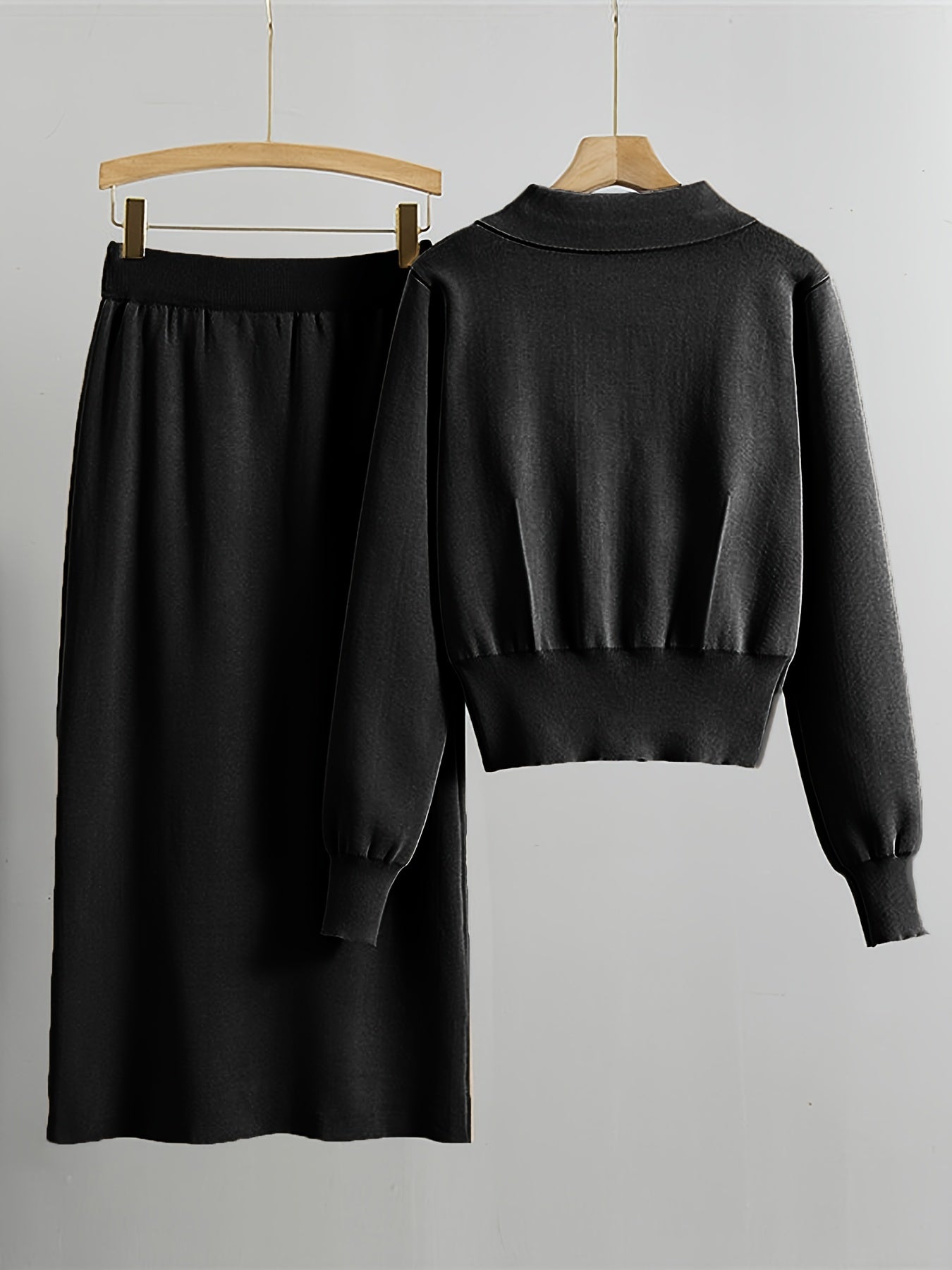 Two-piece collared button-up sweater and skirt set for women