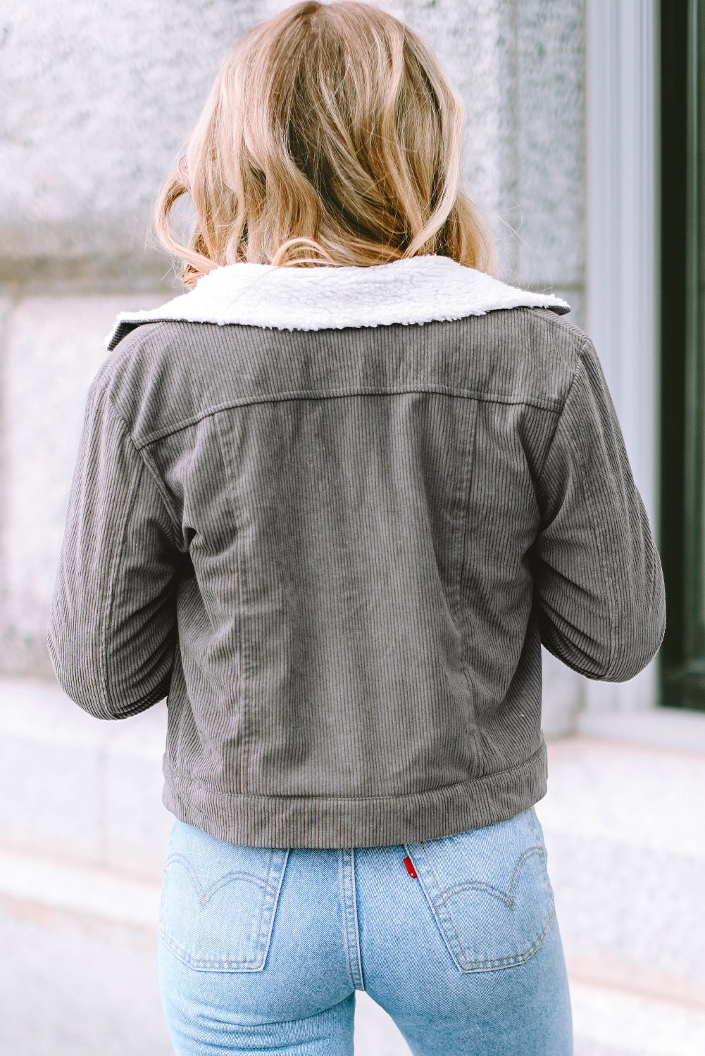 Women's Corduroy Jacket - Cropped Fit - Faux Shearling Collar - Button Closure