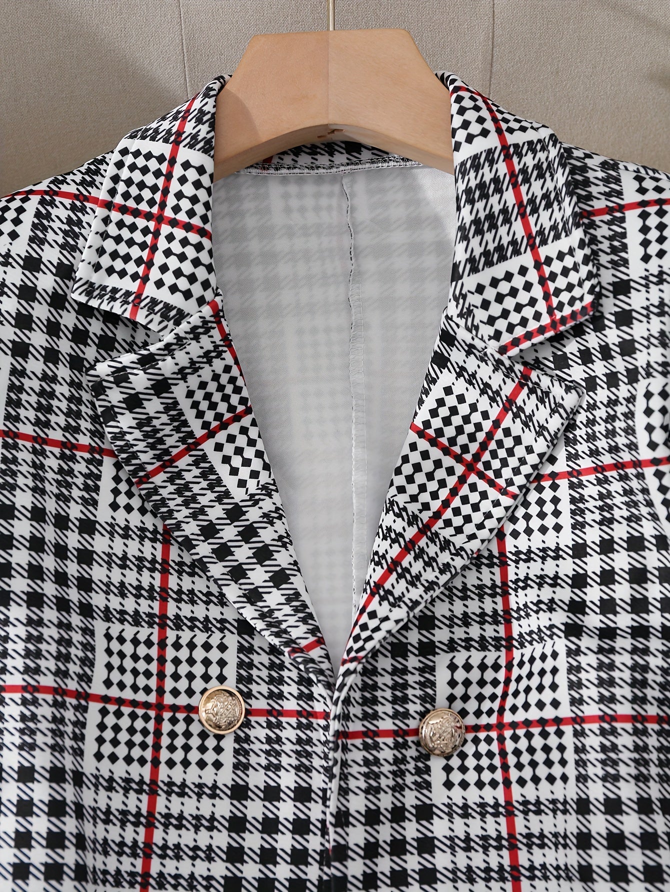 Two-piece plaid blazer and mini skirt set with gold buttons for women
