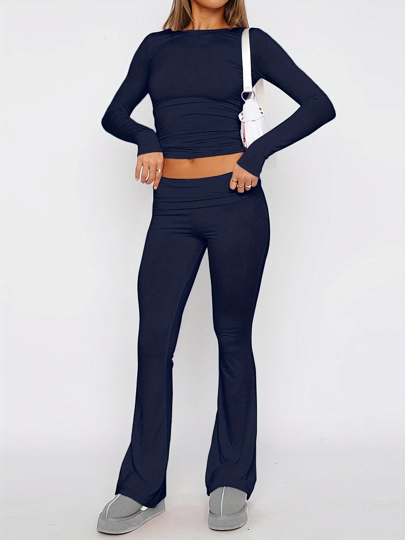 Women’s Two-Piece Set - Long-Sleeve Crew Neck Top & Flared Pants - Slim Fit Casual Wear