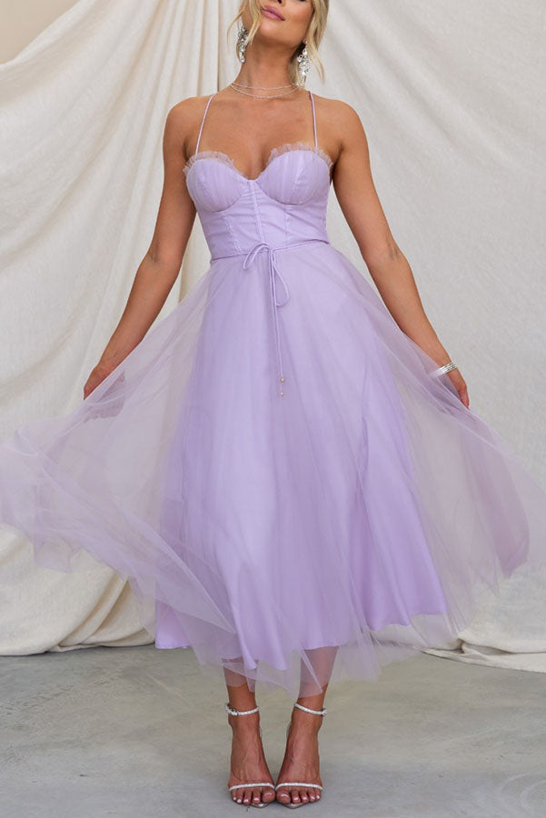 Women's Tulle Maxi Dress - Spaghetti Straps - Fitted Bodice - Layered Flowing Skirt