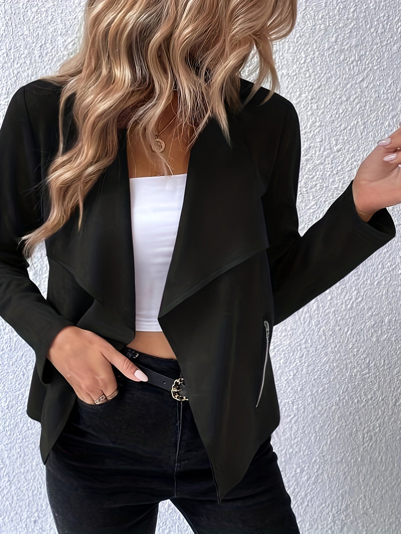 Women's jacket with waterfall collar and zip front pocket