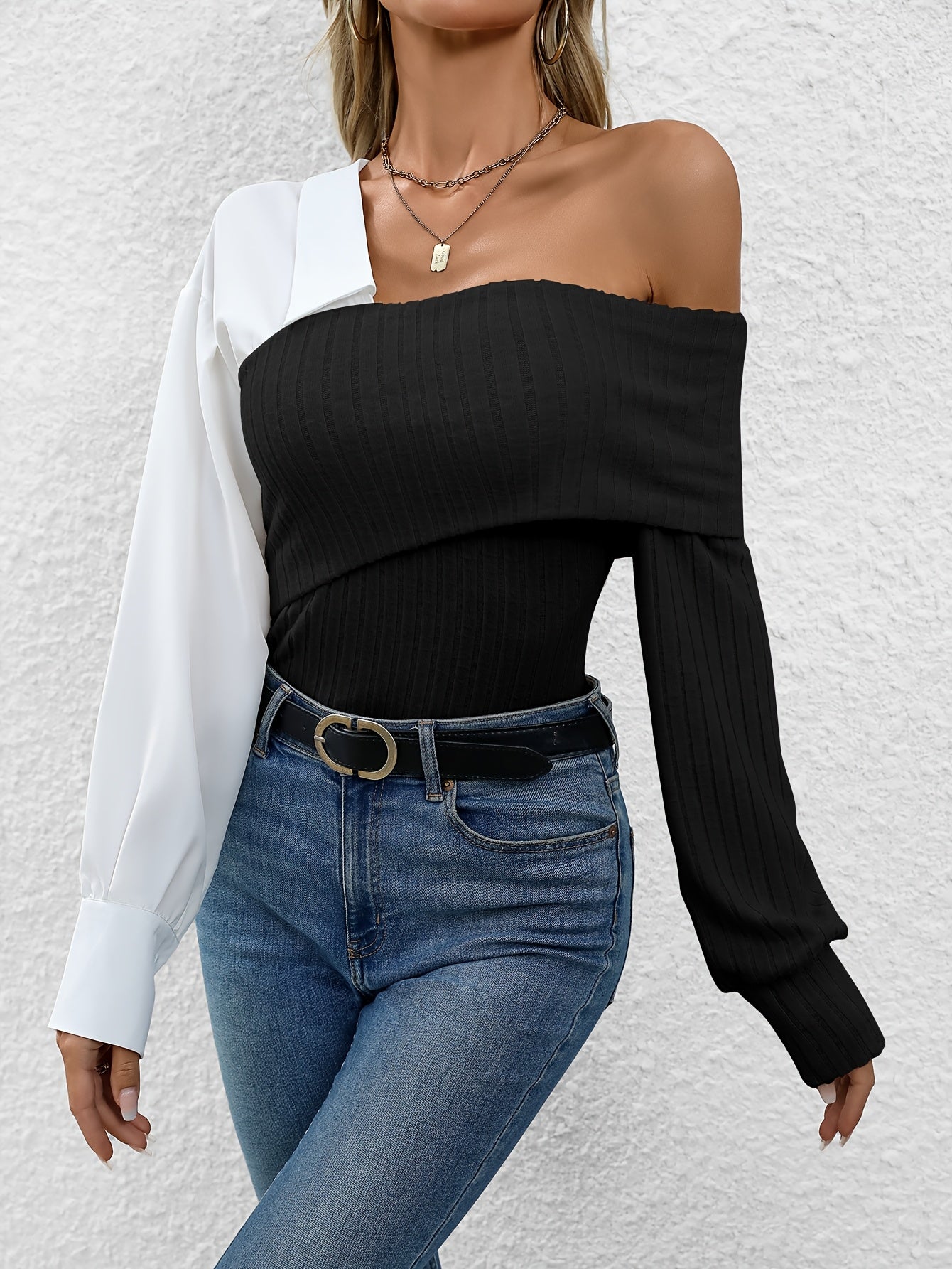 Women's Off-Shoulder Ribbed Knit Top – Asymmetrical Design – Long Sleeve Stylish Fit