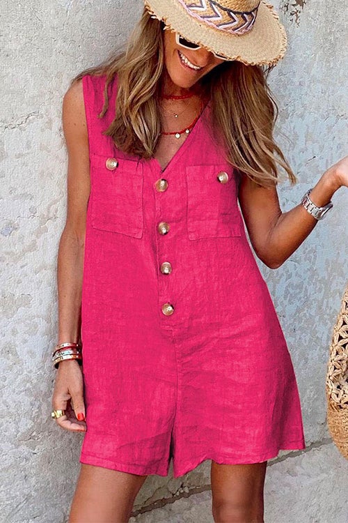 Women's Sleeveless Romper - V-Neck Button Front - Relaxed Fit Lightweight Linen Blend