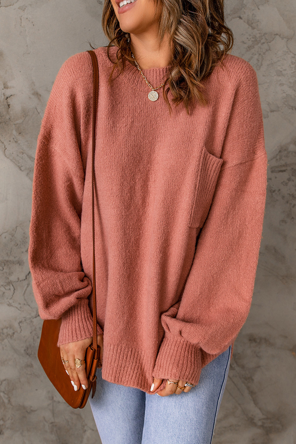Valkerie - top sweater ribbed trim lantern sleeve pocketed