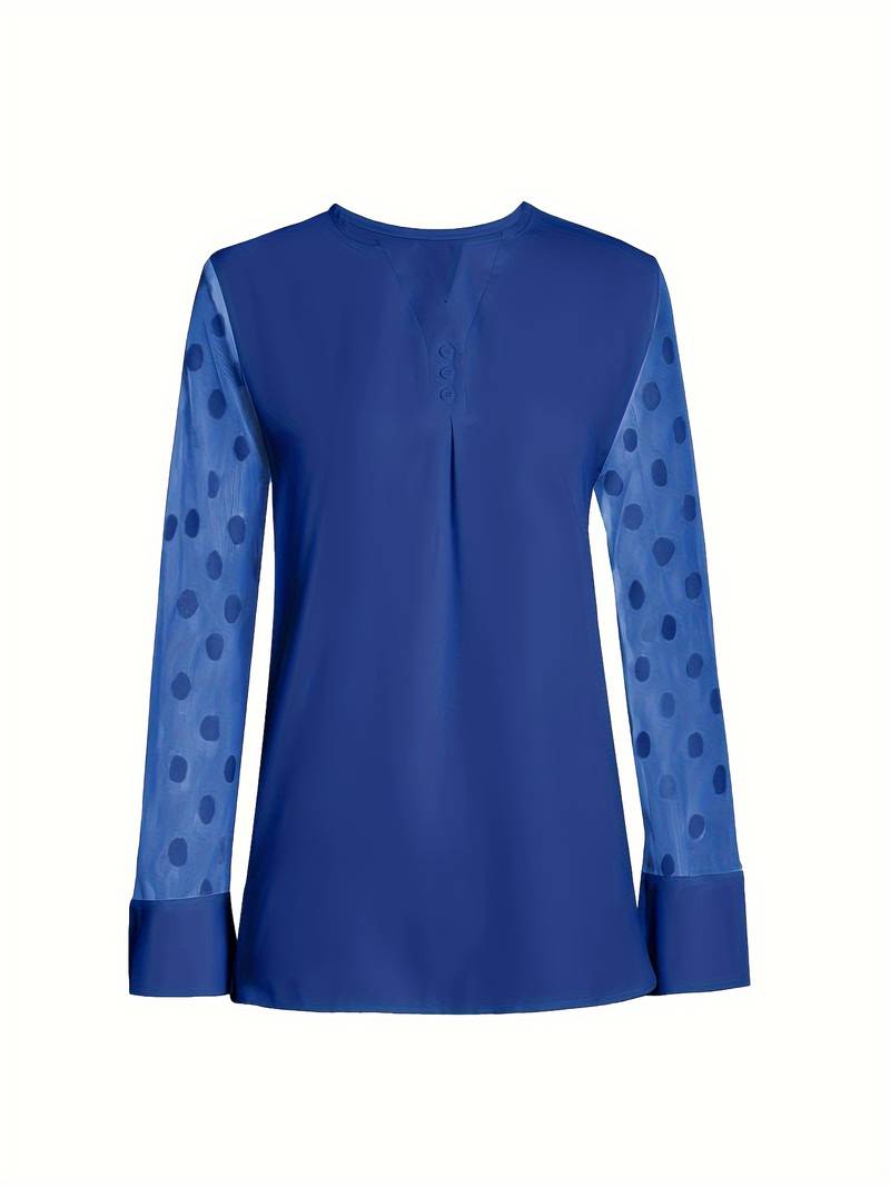 Women's Blouse - Sheer Polka Dot Sleeves - Round Neck - Relaxed Fit Stylish Wear