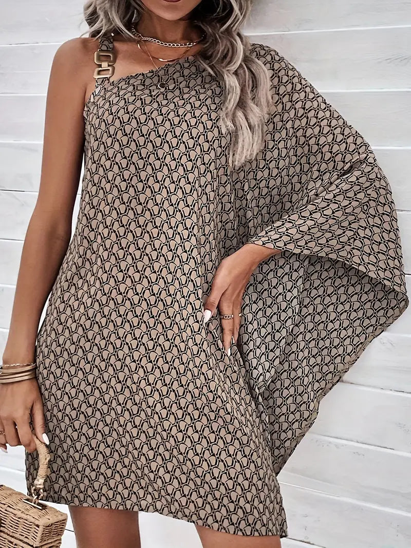 Women's One-Shoulder Dress - Knee-Length - Relaxed Fit - Draped Sleeve Elegant Design