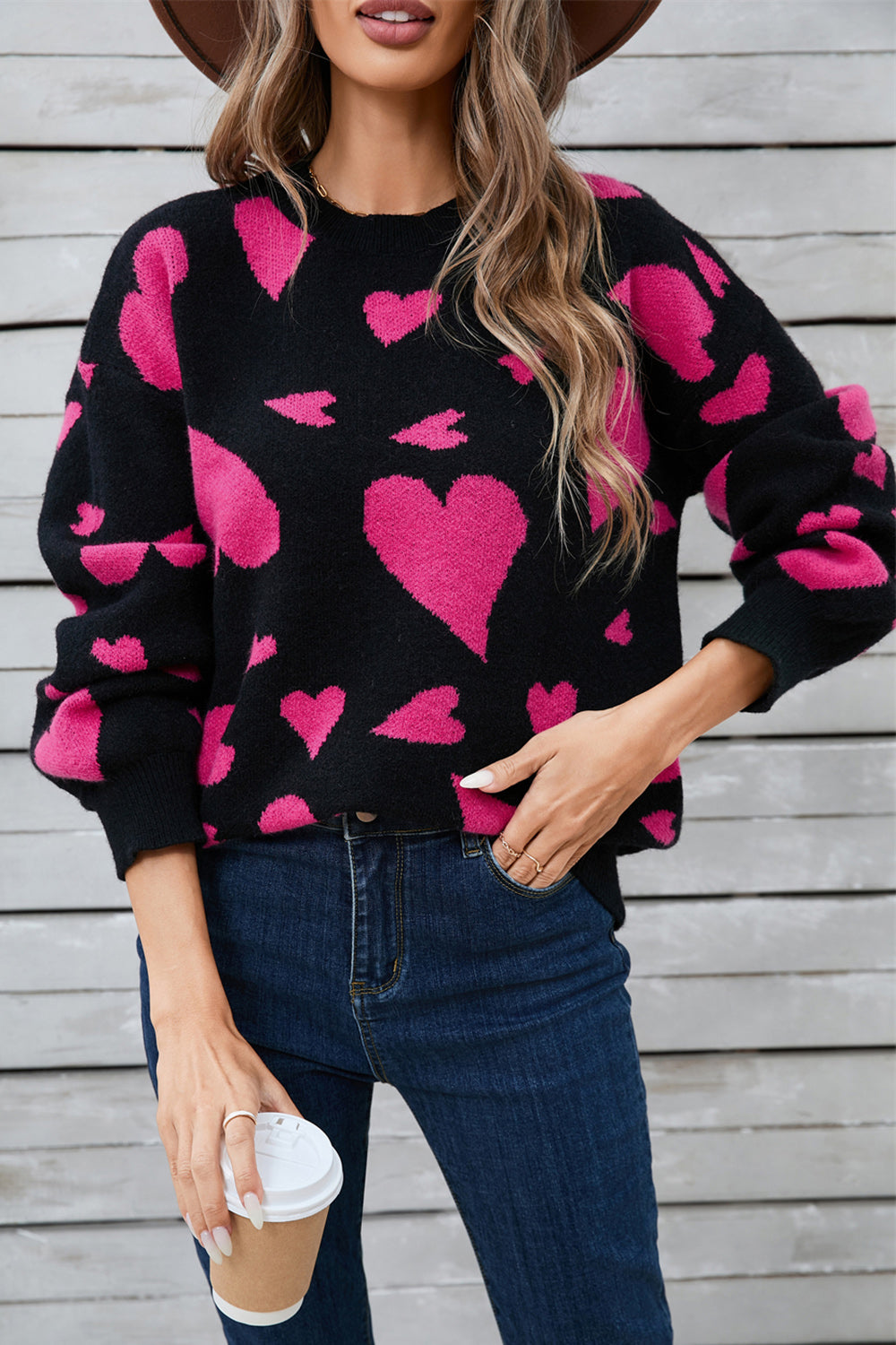 Heart Contrast Round Neck Sweater