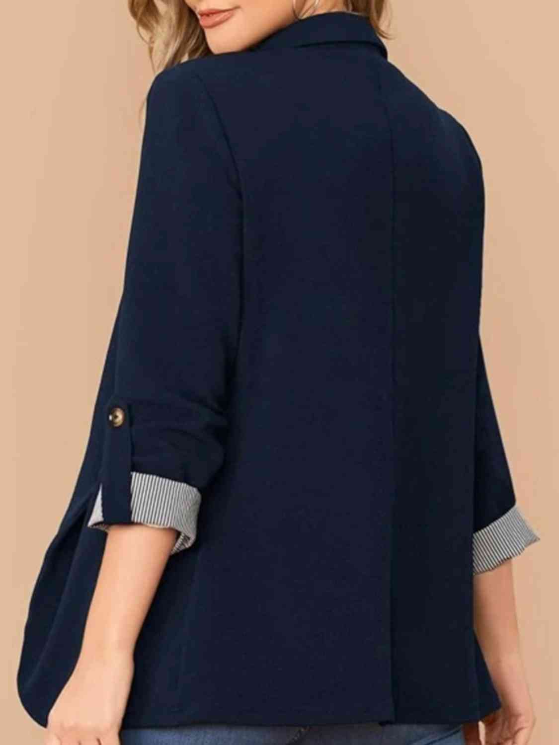 Women's Tailored Blazer - Notched Lapel - Three-Quarter Roll-Tab Sleeves - Open Front