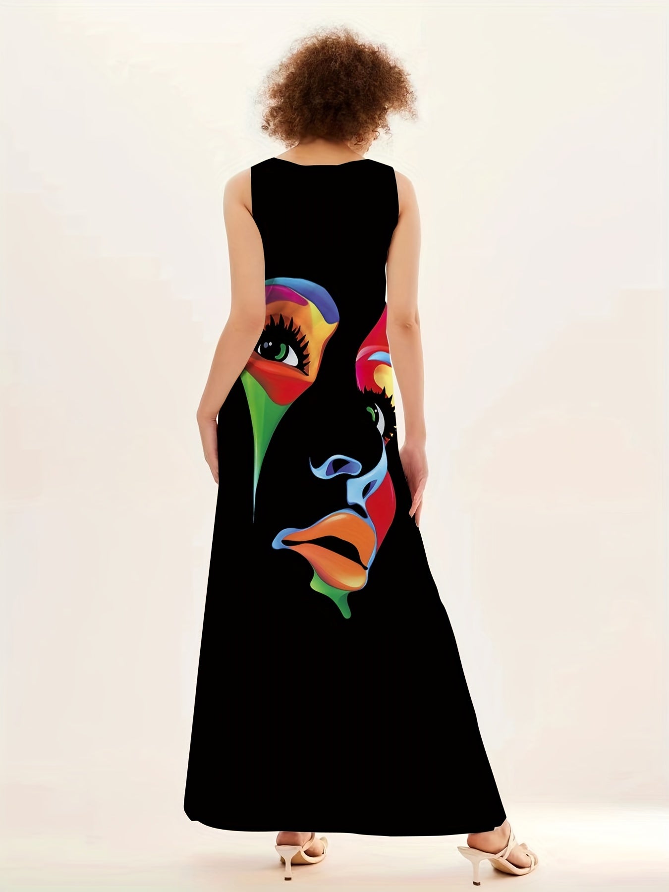 Women's Sleeveless Maxi Dress - Abstract Face Print - Flowing Relaxed Fit - V-Neck Elegant